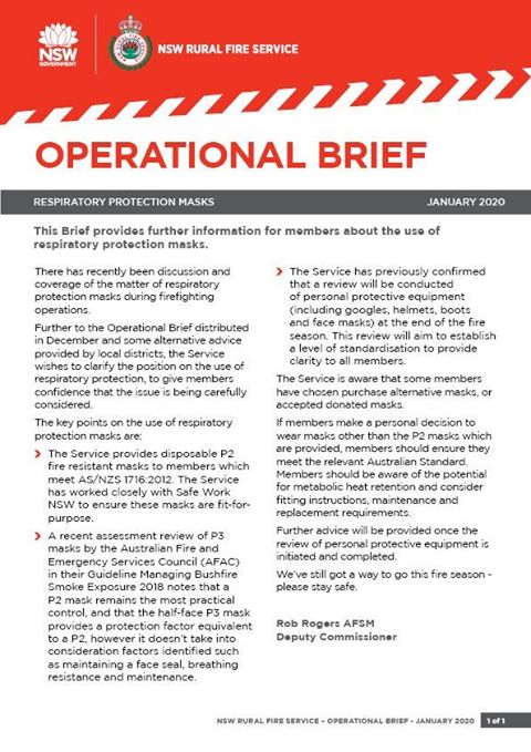 Nsw Rfs Document.pdf Donated respirators for RFS firefighters (updated 12 January 2020 ...